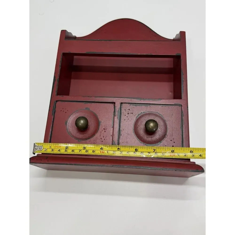 Vintage Red Wall Hanging Wooden Double Drawer Mini Cabinet Shelf Farmhouse Decor